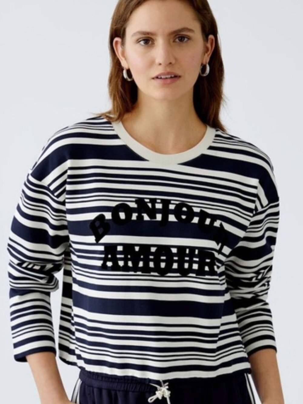 Oui WHITE Dark Navy BLUE STRIPE DRAWSTRING WAIST SWEATSHIRT